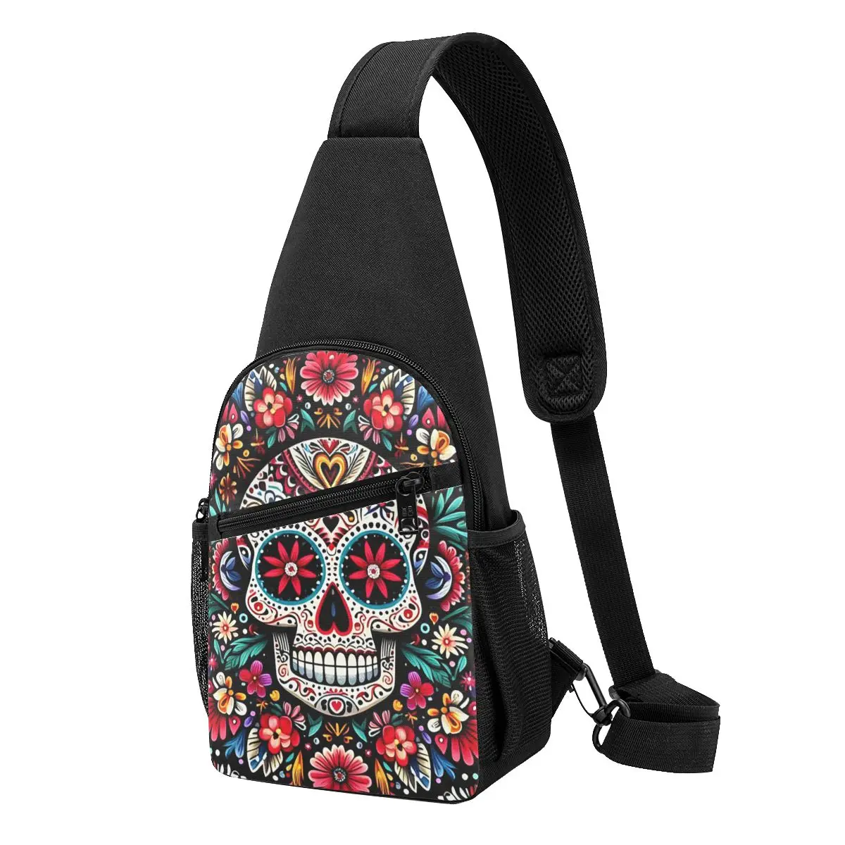 Mexican Sugar Skulls And Flowers Chest Bag Men Sling Crossbody Backpack Chest Bag Traveling Hiking Daypack Shoulder Bag
