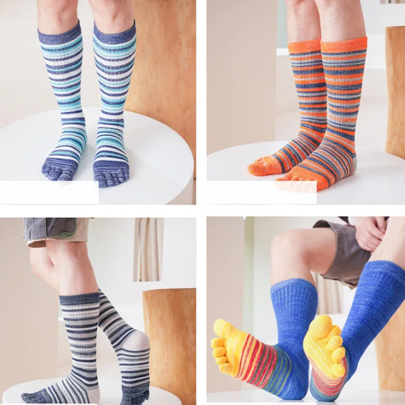 1/6 Pairs Man Toe Socks Long Plus Large Size Cotton Colorful Striped Compression Sport Fitness Happy 5 Finger Calf Socks EU40-46