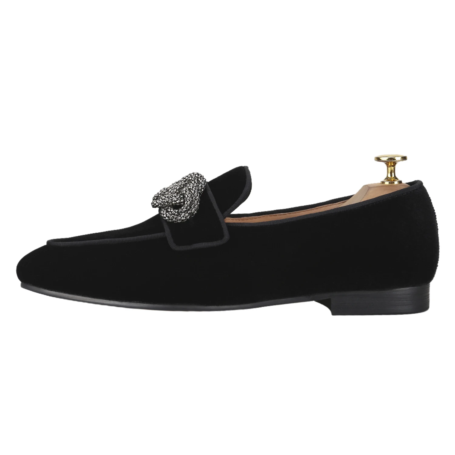 Piergitar Black And Navy Velvet Men's Loafers With Customize Gun Color Cross Metal Buckles For Fashion Party And Prom Wear