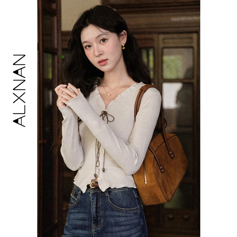 ALXNAN Women's Apricot Knitted Sweater Autumn New Ruffle Trim V-neck Drawstring Tie Commute Leisure Versatile Pullovers L569157