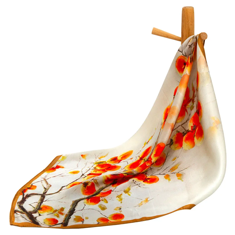 53 65cm 100% Genuine Silk Scarves Men Hot-Selling Square Spring Luxury Hair Scarf Persimmion Fruit PrintPashmina Female Gifts
