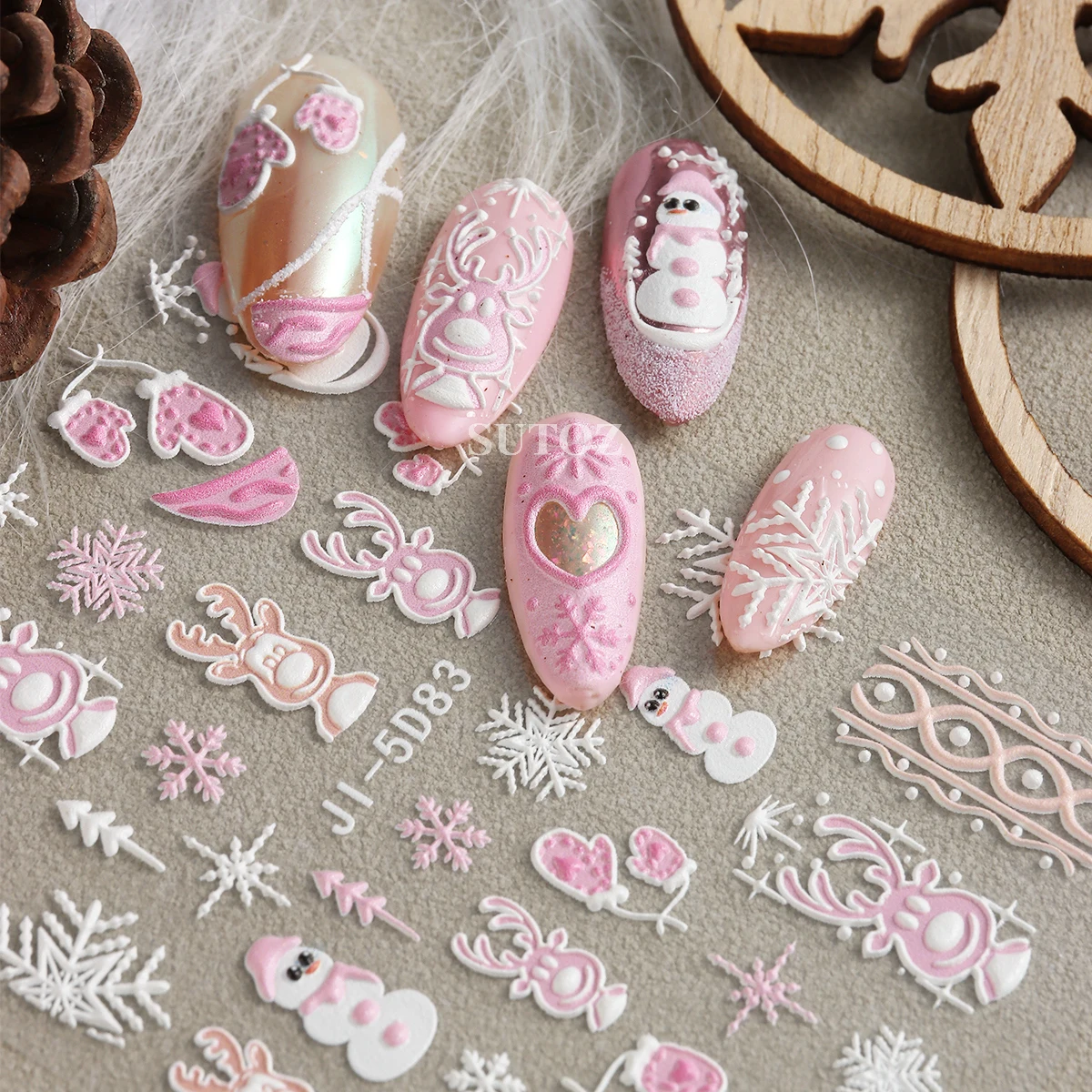 Pegatinas de uñas de Navidad en relieve 5D, calcomanías de uñas de Reno de dibujos animados, copos de nieve, suéter, diseño de punto, reloj de Año Nuevo, LEBJI-5D DE MANICURA