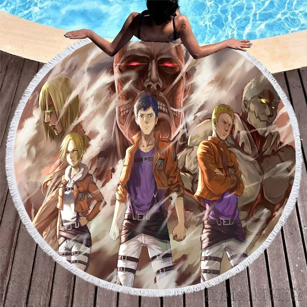 Anime Attack On Titan Cartoon Round 150cm Beach Towel Microfiber Children Kids Swimming Hawaii Bath Towel With Tassel