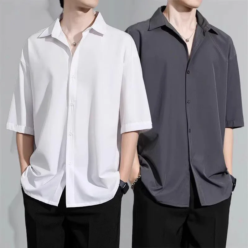 Summer Men's Ice Silk Short Sleeve Shirt Drapey Loose Casual Style Lightweight Polyester Fabric Anti-Wrinkle Youth Fashion