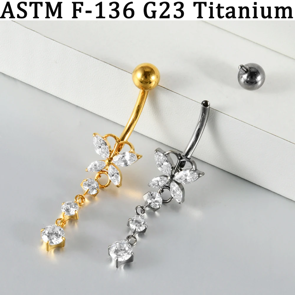 5/1 Stück CZ Marquise Schmetterling & Blumen Zirkonia Bauchnabelpiercing 14G G23 Massives Titan Innengewinde Bauchnabelpiercing Ring – Detail 3