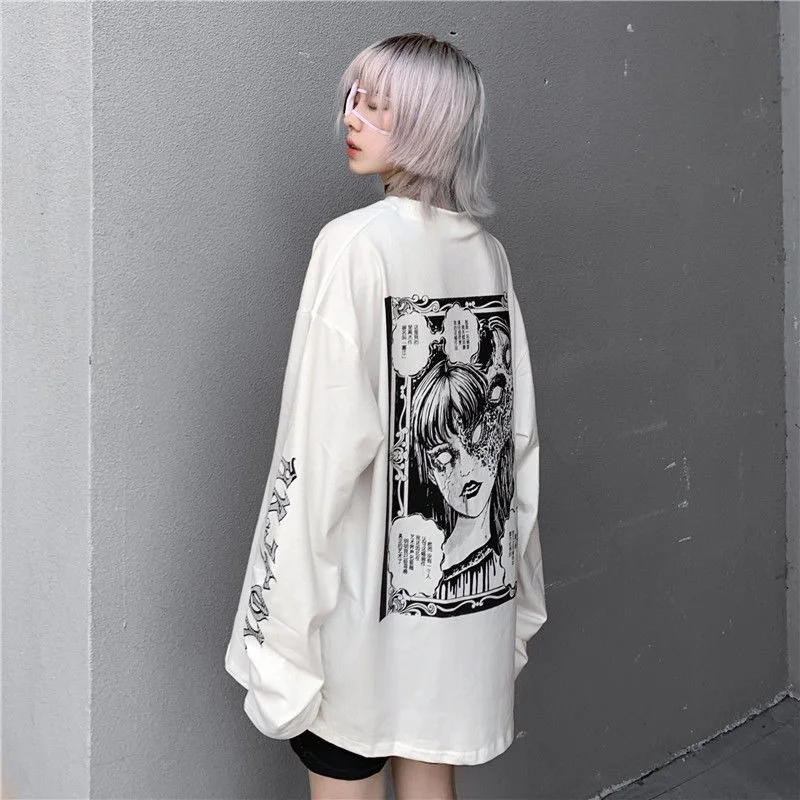 QWEEK Gothic White T-shirt Women\'s Harajuku Long Sleeve Mall Goth Top Vintage Grunge Alt Clothes Aesthetic Kpop Korean 2021