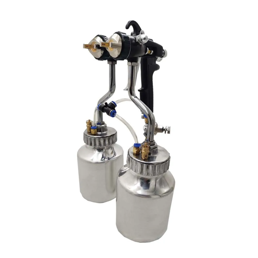 Dual-head, dual-component spray gun paired with 1000CC dual-kettle nano AB glue spray gun, curing agent spray gun, and color