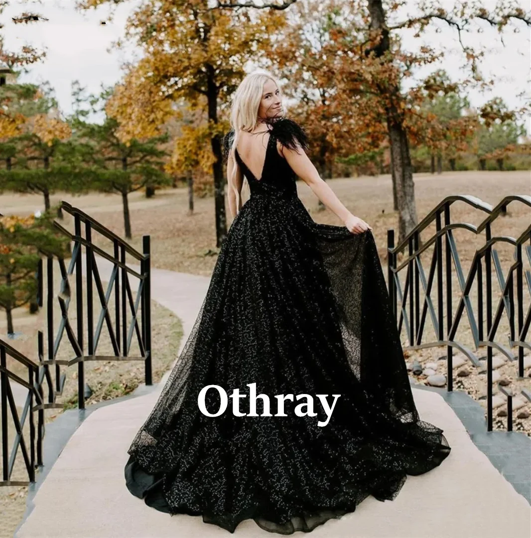 Othray Gliiter Black Wedding Dresses Feather Shoulder Vestidos De Noche Shiny Open Back Gothic Bridal Gowns With V Neck 2025