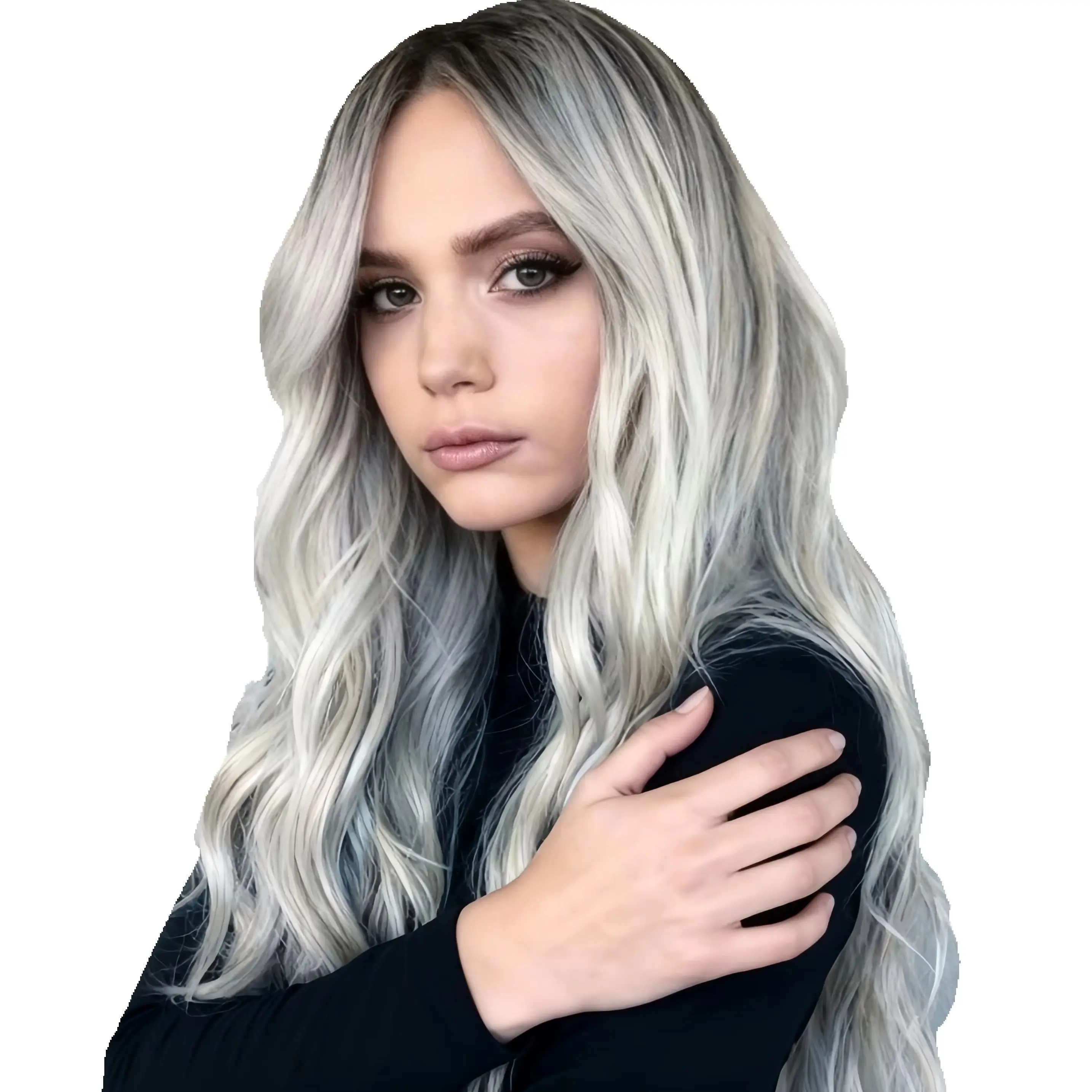 Silver Grey Ombre Long Wavy Wig Middle Part Platinum Blonde Highlights Synthetic Hair Wig for Women