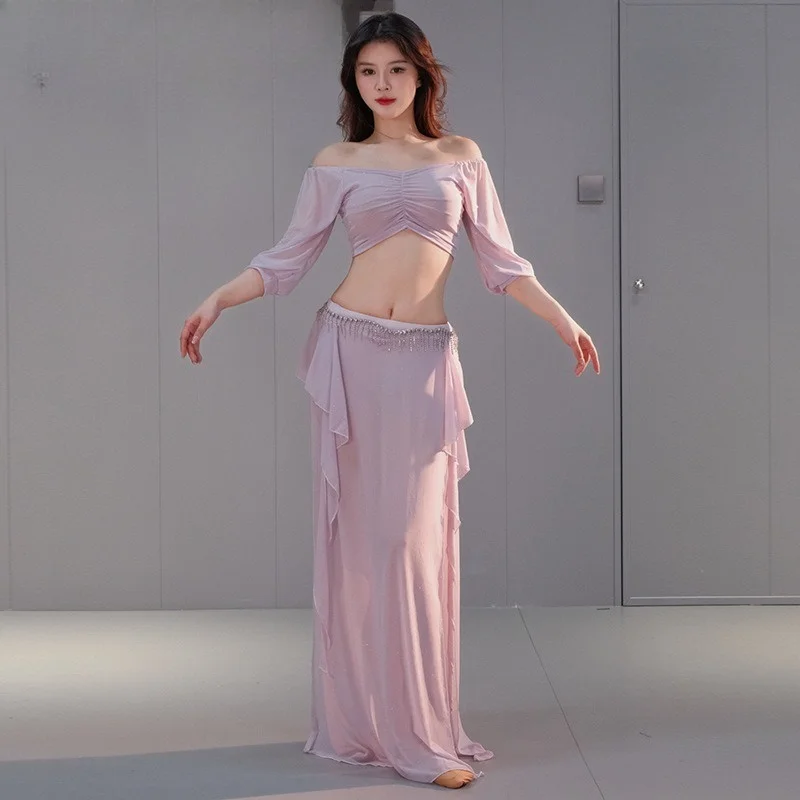 2025 Nuevo conjunto de traje de práctica de danza del vientre para mujer - Traje de actuación de danza oriental de malla