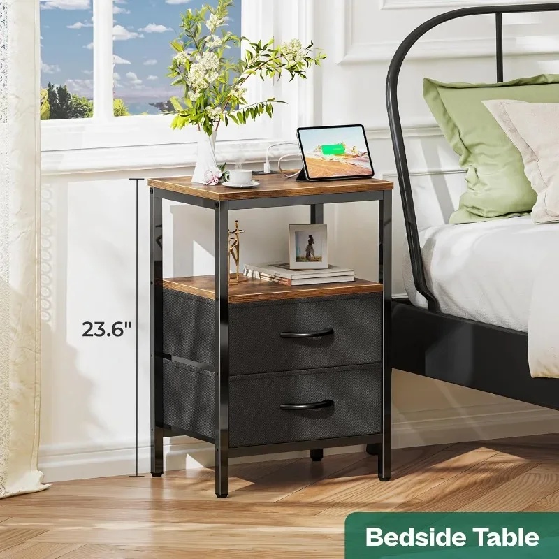 

Side Table with Fabric Drawers, End Table with Open Shelf, Bedside Table with USB Ports and Outlets, Night Stand for Bedroom