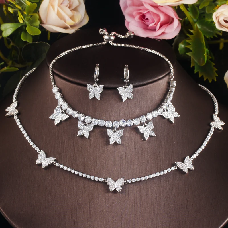 ThreeGraces 3 Piece Bright Cubic Zirconia Butterfly Bridal Party Choker Necklace Earrings Bracelet Jewelry Set for Women T1236