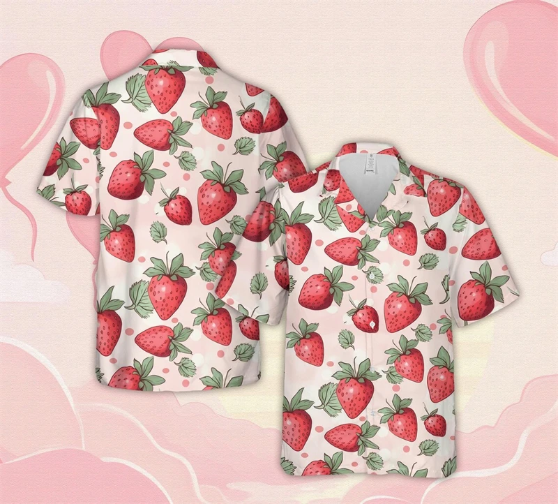 Pink Sweet Heart 3D Print Summer Casual Hawaiian Shirt Men Women Strawberry Red Lips Design Full Pattern Short Sleeve Shirts