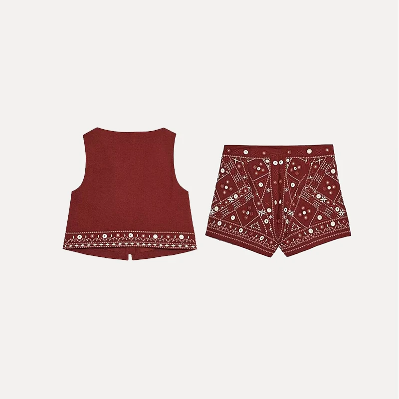 Z 2025 Summer Mirror Effect Embroidery Vest And orts Women's Faion Set Polyester Fiber ort Sve V-Ne Button Cl...