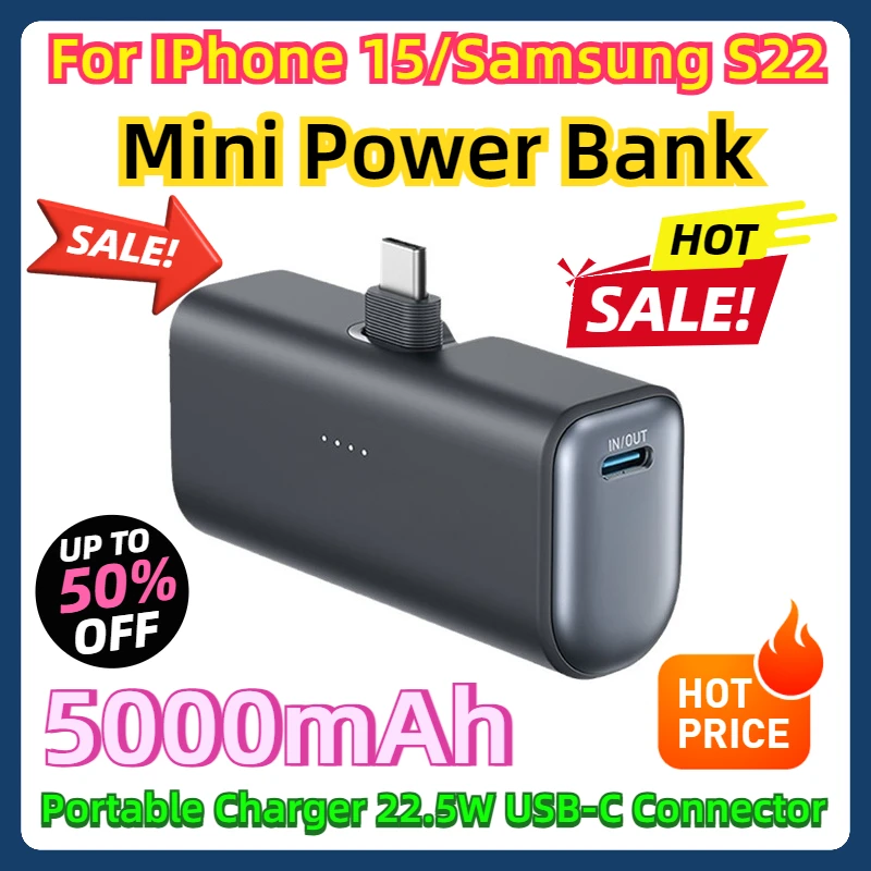 

For IPhone 15/Samsung S22 Mini Power Bank 5000mAh Portable Charger 22.5W USB-C Connector Spare Battery