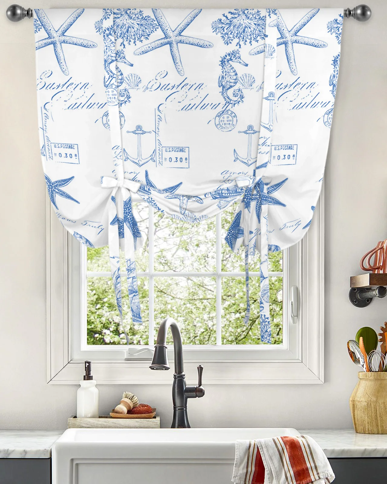 Blue Ocean Starfish Conch Seahorse Anchor Curtain for Living Room Kitchen Tie-up Short Curtains Adjustable Rod Pocket Drapes