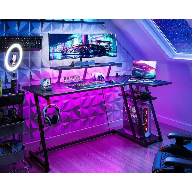 Gaming Desk with LED Lights & Power Outlets, 55 Inch L Shaped Gaming Computer Desk with Storage Shelf, Gamer Desk