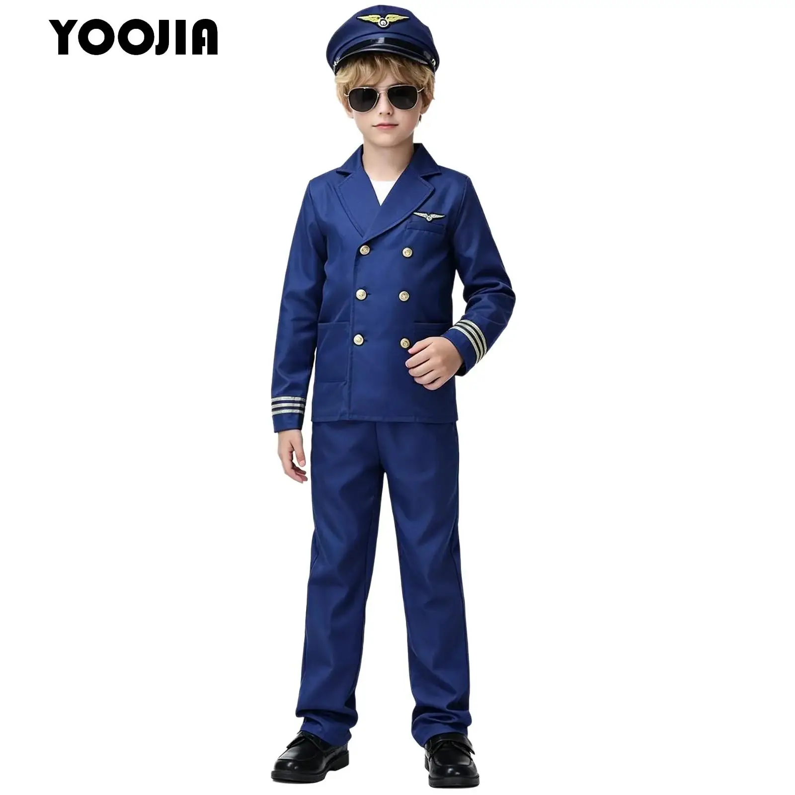 Children Pilot Uniform Boys Captain Flight Attendant Costume Set Long Sleeve Jacket And Pants Hat for Halloween Carnival Shows