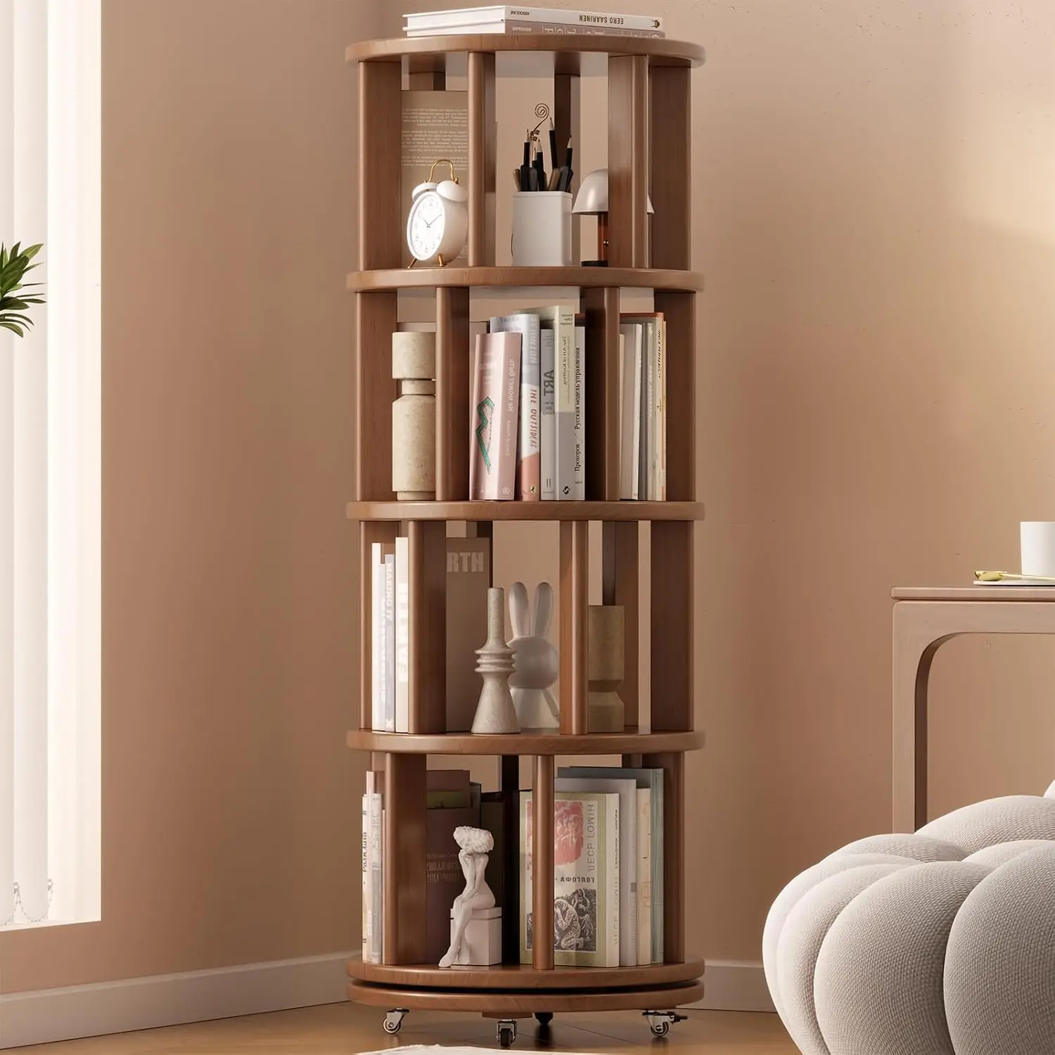 Solid Wood Rotating Bookshelf with Brake Wheels, 360°Display 4 Tier Floor Spinning Bookshelf Tower for Kids&Adults, Re