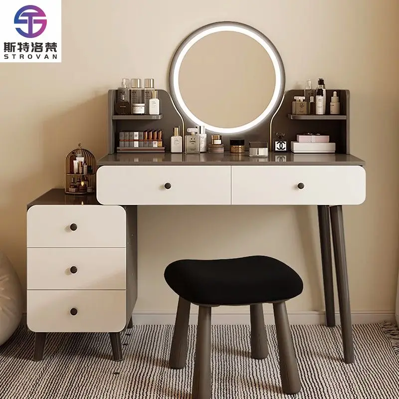 

Morandi Gray Cloud White Extendable Vanity Desk with LED Mirror 5 Drawers Makeup Dressing Table for Bedroom Hotel