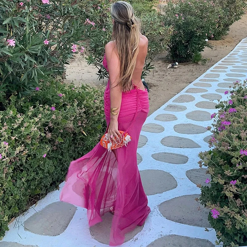Sexy Cross Backless Dress Women French Rose Red Light Sheer Dress Elegant Solid Beach Vacation Party Evening Female Vestidos