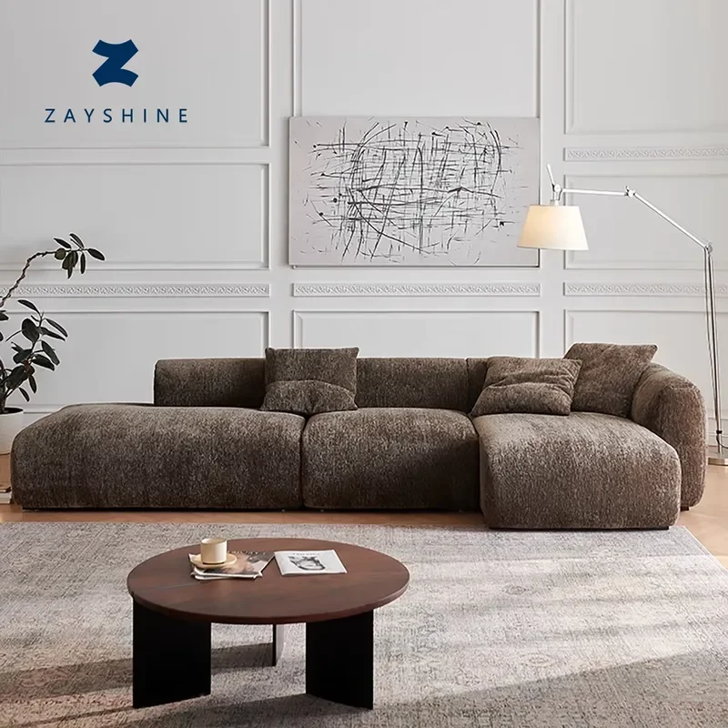 Zayshine French Retro Chocolate Chenille Modular 3-seater Living Room Sofa Set L-Shape Apartment Villa Leisure Floor Corner