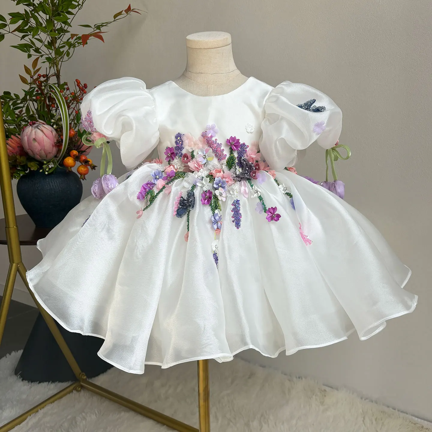 Jill Wish J832 Luxury White Flower Girl Dress Puffy Sleeve Knee Length for Children Wedding Birthday Party Pageant Ball Gown