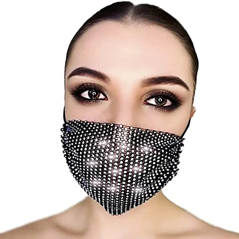 1 pc Rhinestone Decor Face Mask Breathable Windproof Face Covering Reusable Decorative Mask For Women Female Party Mask