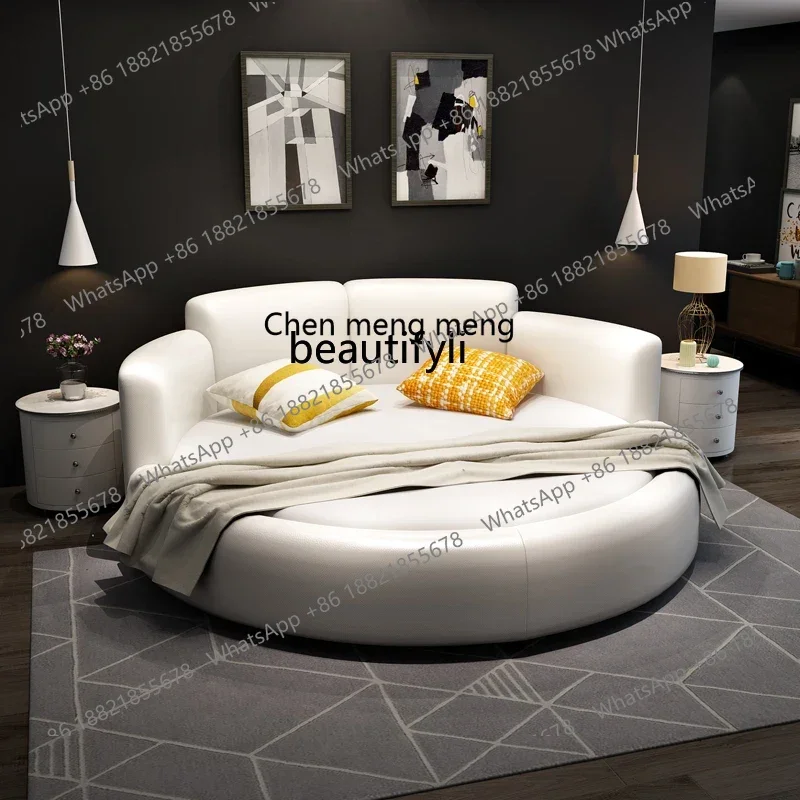 s8617Genuine Leather Large round Bed Double Master Bedroom Marriage Bed Hotel Fabric Couple Fun Marriage Bed