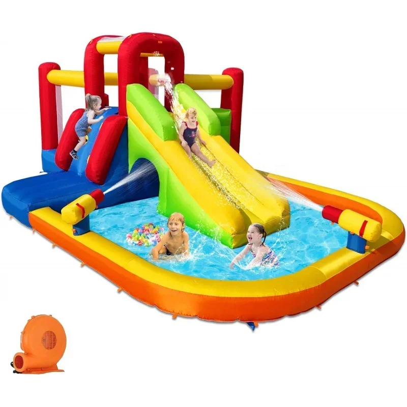 

Bounce House Slides for Kids, Inflatable Water Park with Slide, Splash Pool, Double Water Cannon, 2 Climbing Wall, Obstacles, B