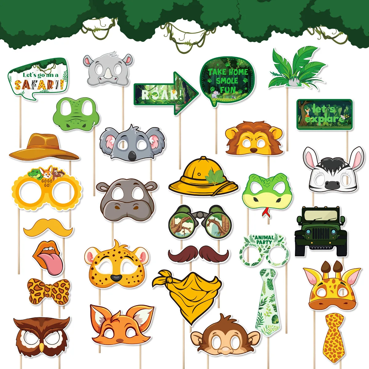 30pcs Jungle Safari Photo Booth Props Wild One Forest Photobooth Props Supplies Baby Shower Birthday Party Decorations Backdrop