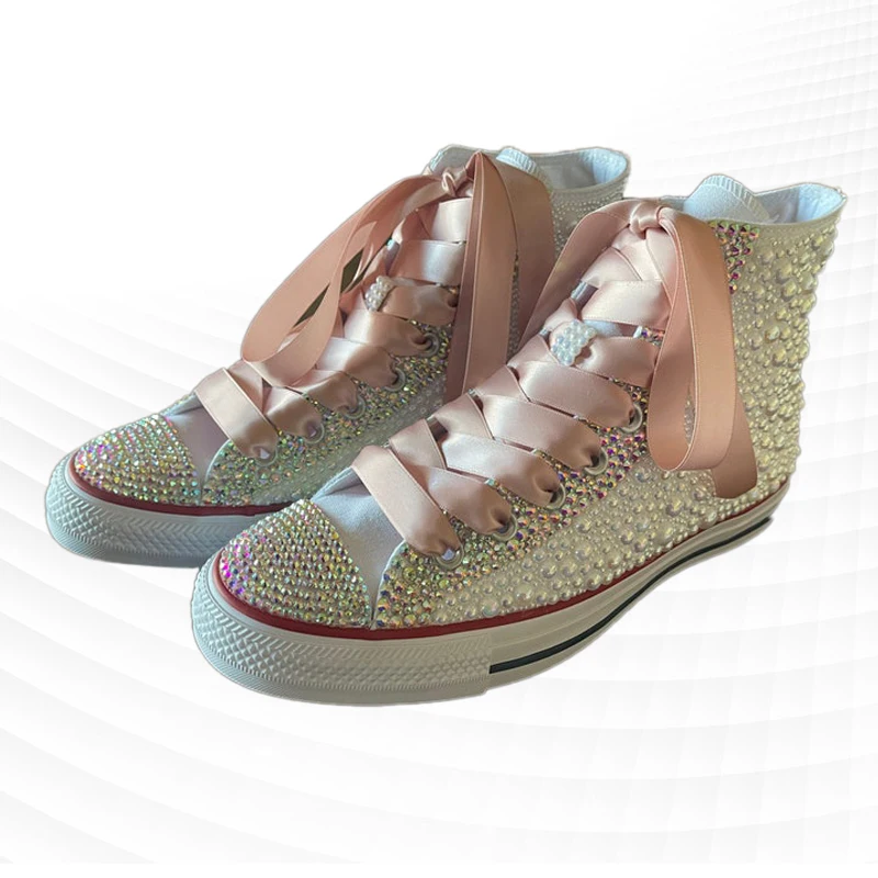 Beige White High Top Sneakers Rhinestone Ribbon Canvas Shoes Comfortable Walking Handmade Rhinestone Vulcanized Shoes 35-46