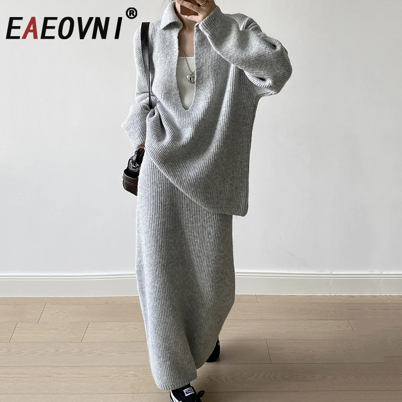 

EAEOVNI V Neck Knitted 2 Piece Set Women Solid Color Casual Long Sleeve Sweater Solid Color Skirt Elegant Autumn Winter New