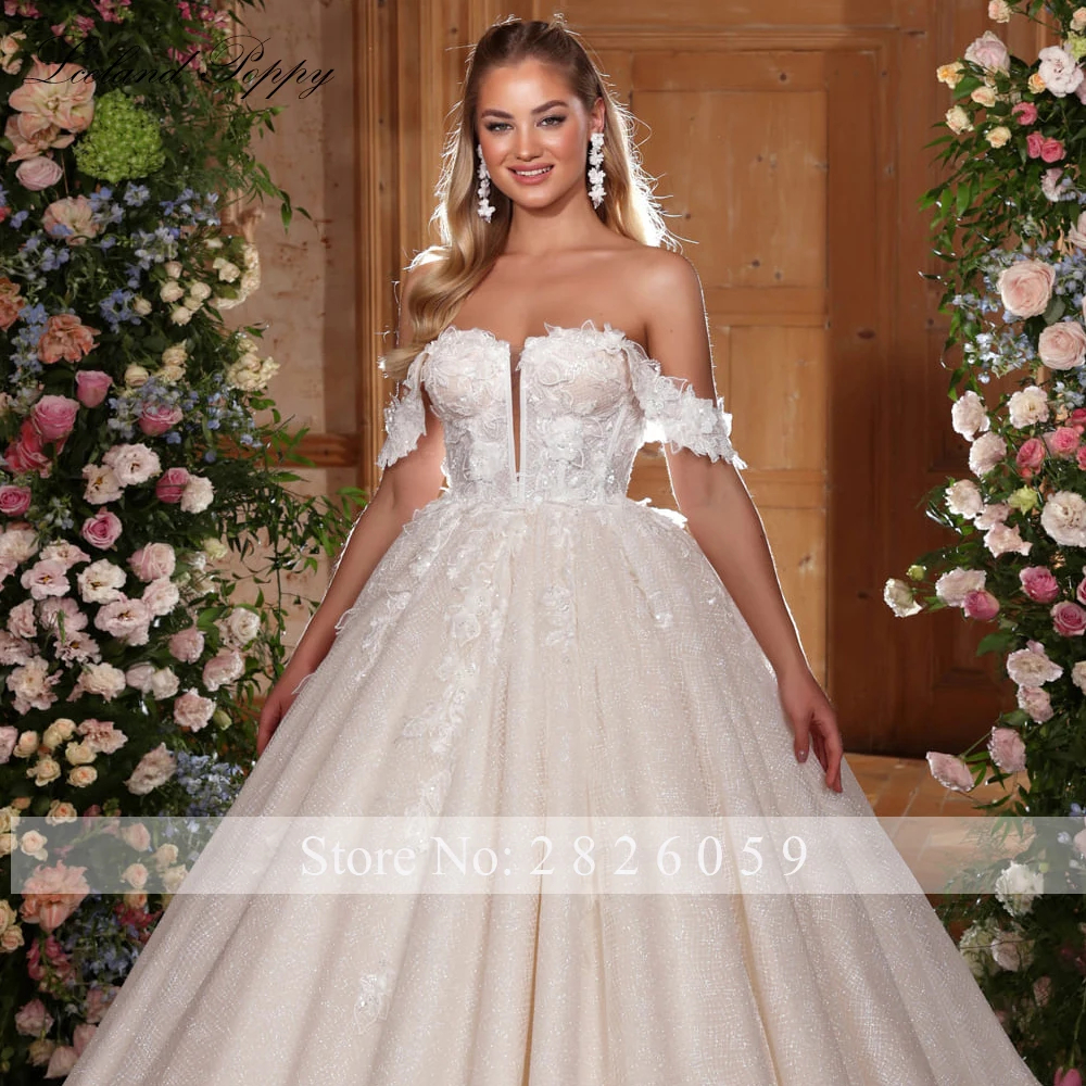 Lceland Poppy Ball Gown Lace Wedding Dresses Off the Shoulder Glitter Tulle Floor Length Bridal Gowns with Chapel Train