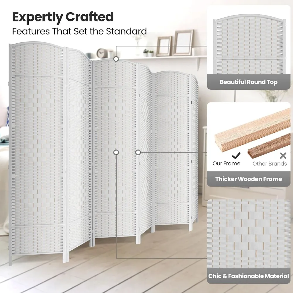 6 Panel Folding Room Divider, Woven Privacy Screen, White