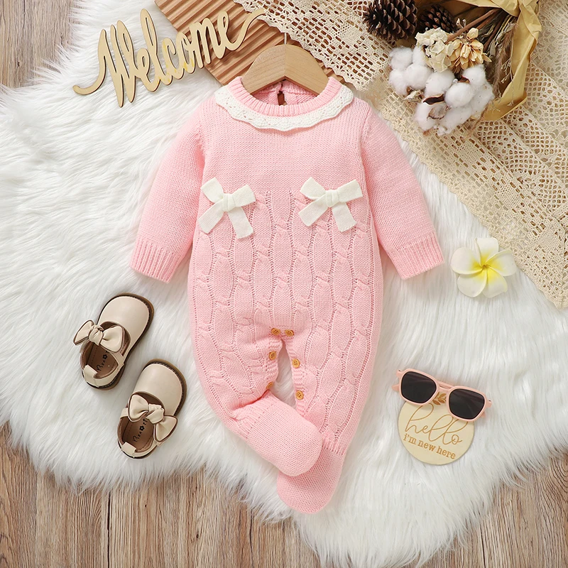 Baby Rompers Knitted Newborn Girls Jumpsuit Long Sleeve Foot Wrap Infant Kid Clothes 0-9M Fashion Solid Cute Bow Overalls Autumn