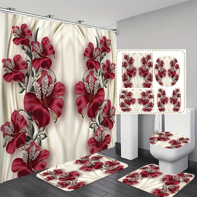 4pcs Luxury Satin-Finish Red Floral Beaded Pattern Bathroom Set, Shower Curtain (179.83x179.83 Cm) And Matching Toilet Mat/R
