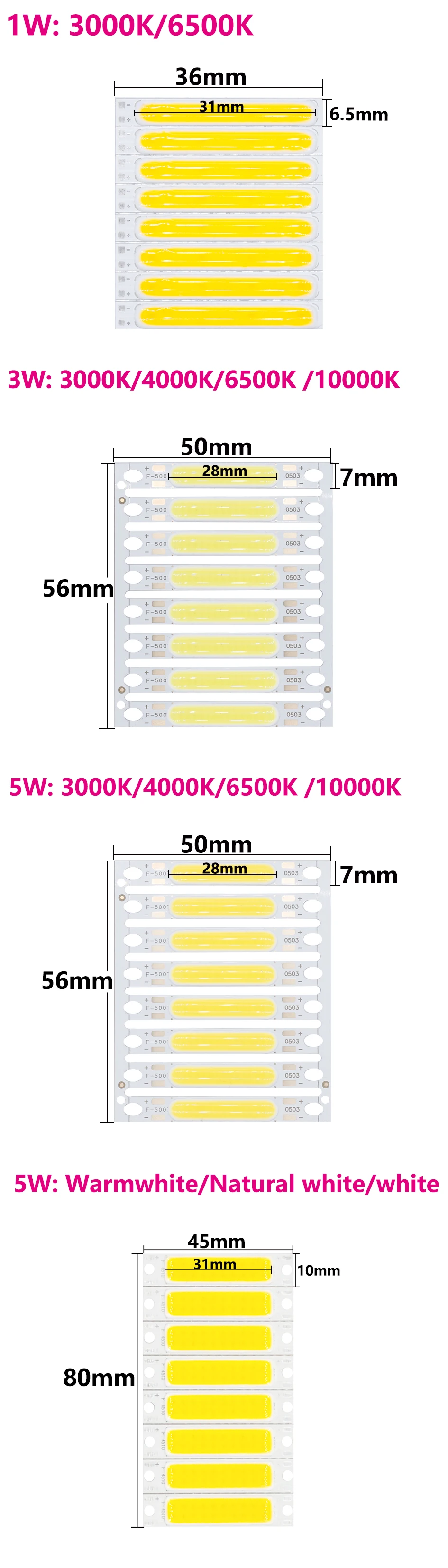 8 Stück 1W 3W 5W 300mA COB LED-Lichtchip 3V 9V 12V 15V 17V für Taschenlampen, Wandleuchten, LED-Röhren, DIY – Detail 1