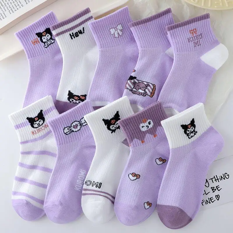 

Детские носки Sanrio, новый стиль, тонкие хлопковые носки Kuromi для девочек, дышащие, впитывающие пот, модные детские носки среднего и большого размера