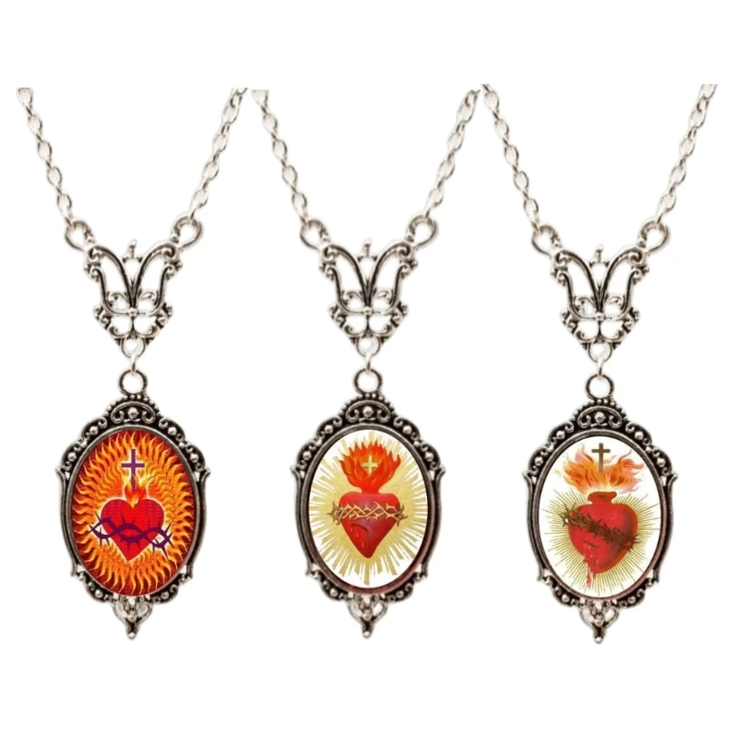 Jewelry Burning Heart Pendant Necklace Embossed Oval Lace Frame