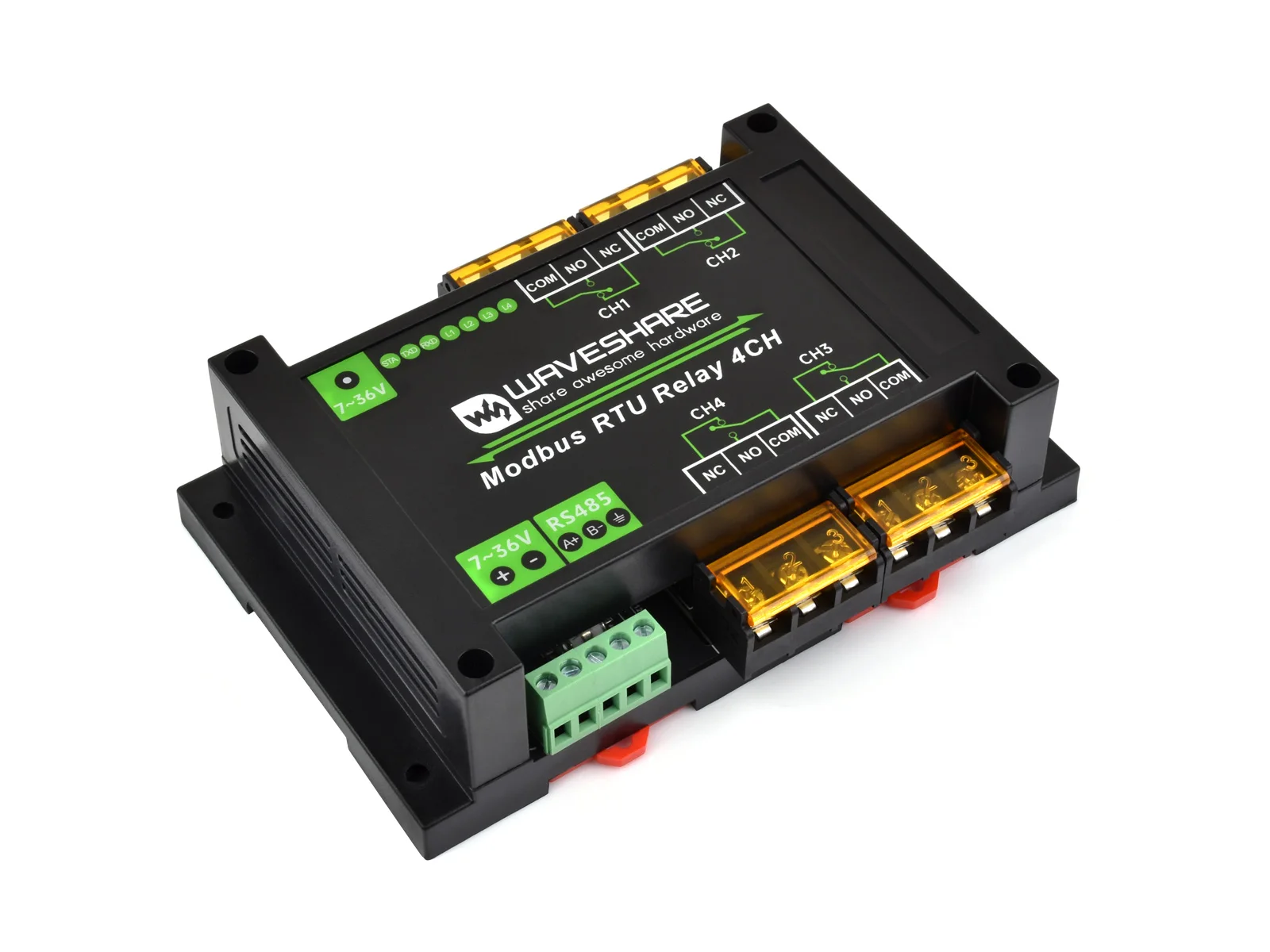 Picture 4: Waveshare Industrial Modbus RTU 4-ch Relay Module with RS485 Interface, 30A High Current, Onboard LED Indicators
