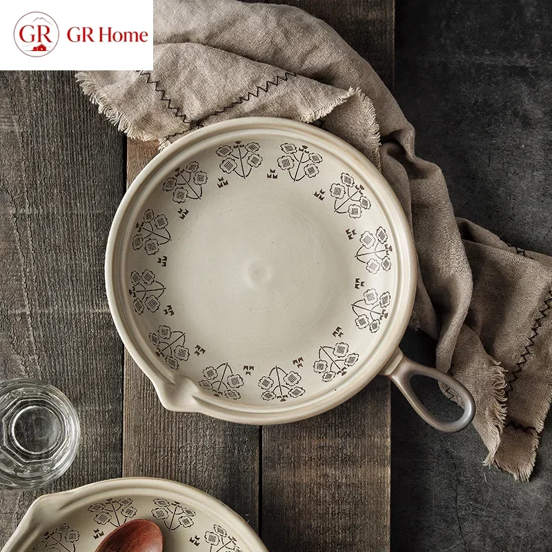 Ahunderjiaz-Vintage Ceramic Pans for Kitchen, Steak Plate, Omelette Pan, High Temperature Resistant, Open Flame Kitchen Tool