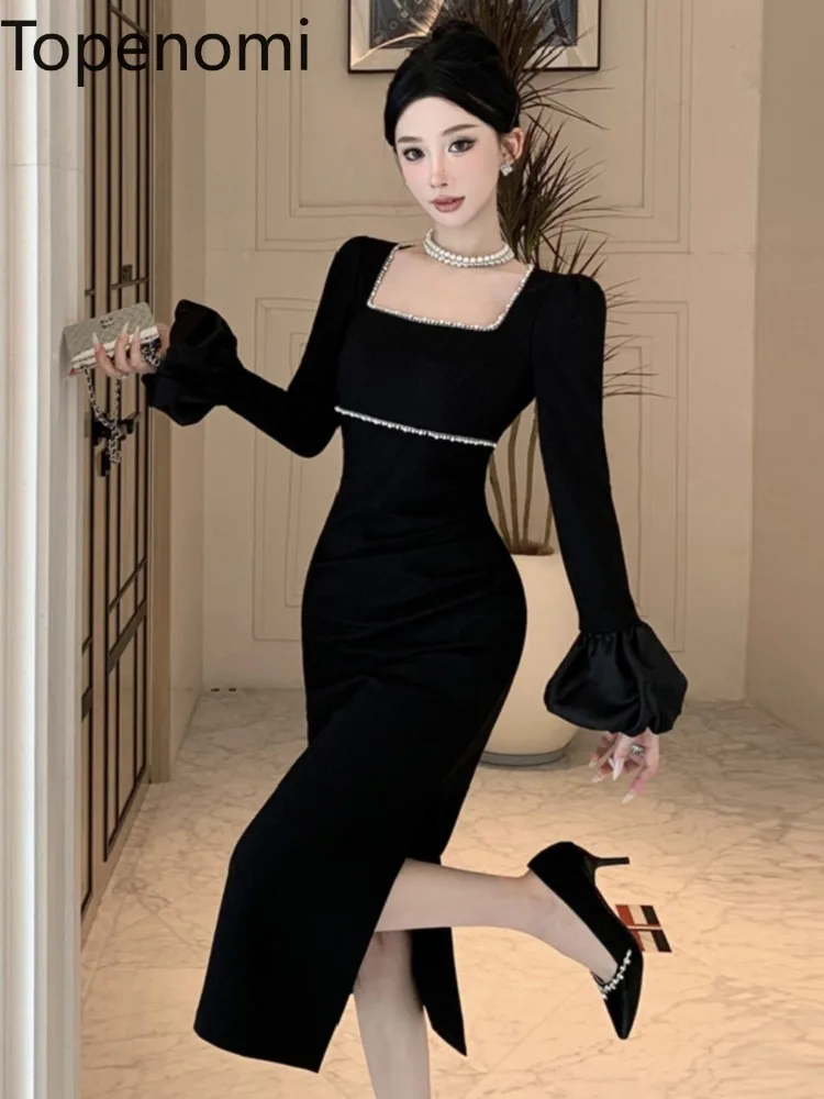 Topenomi Sexy Evening Dresses Women French Retro High Waist Slim Flare Sleeve Split Banquet Party Long Robe Autumn Elegant Gown