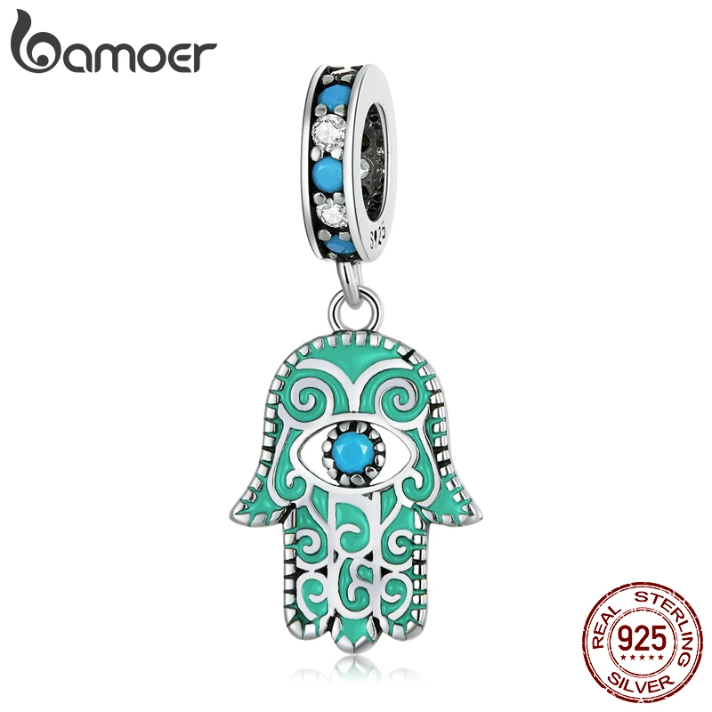 BAMOER Trendy Hand of Fatima Pendant 925 Sterling Silver Blue Turquoise Charms fit for Silver Bracelet & Bangle Fine Jewelry