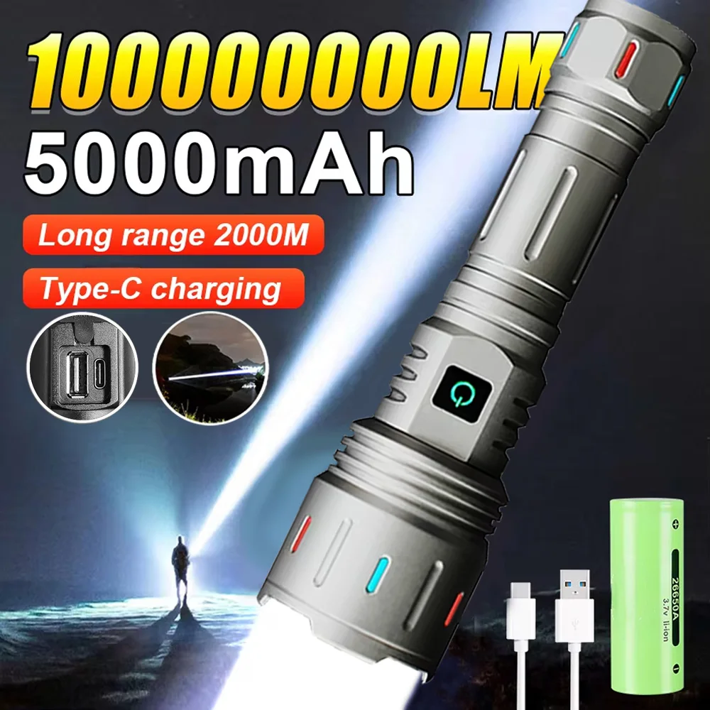 

NEW 100000000LM Ultra Powerful Flashlight 5000mah Battery Tactical Torch 2000M Super Long Range Lamp Outdoor Camping Lantern