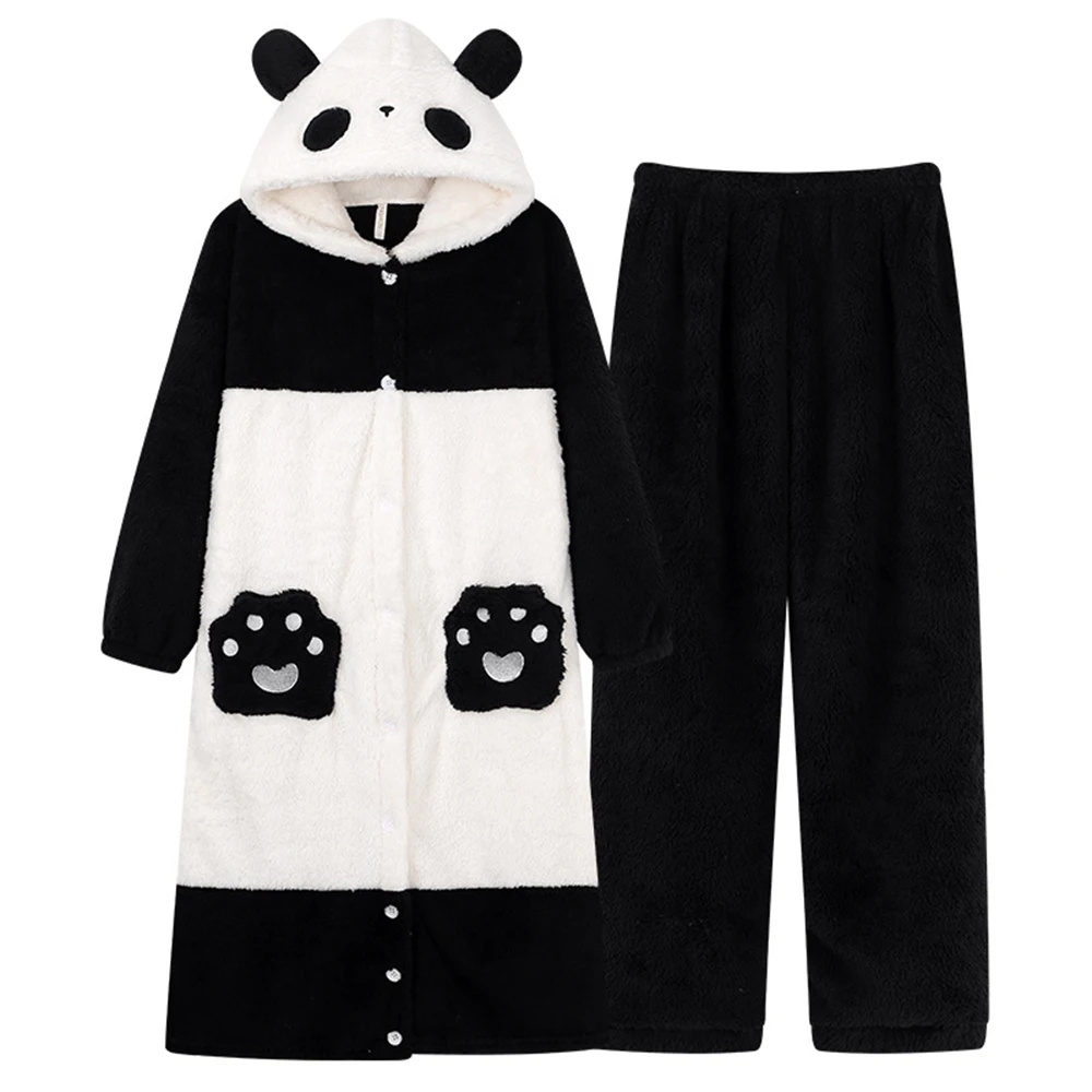 

Coral Fleece Nightgown With Pants Two Pieces Set Women Winter Flannel Warm Princess Long Sweet Bathrobe Set Panda Pajamas Set