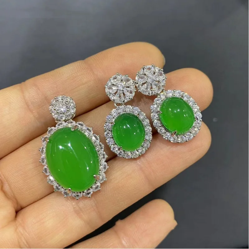 Ice-like Green Natural Chalcedony Inlaid Pendant Agate Big Egg Noodle Ring Comparable to Jade Pendant Three-Piece Set