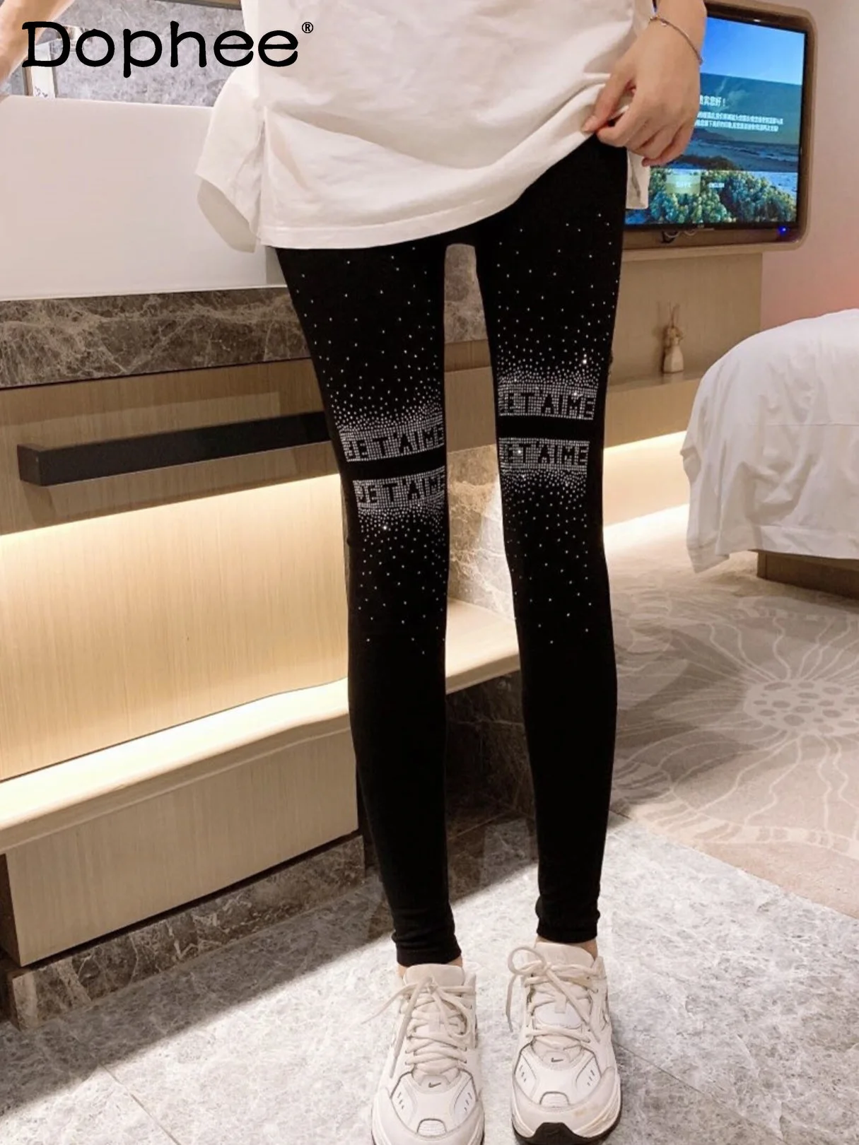 Waist Rhinestone High Black Women Fall Winter Ankle-Length Stretchy Slim Fit Trousers Cartoon Letters Fitness Leggings