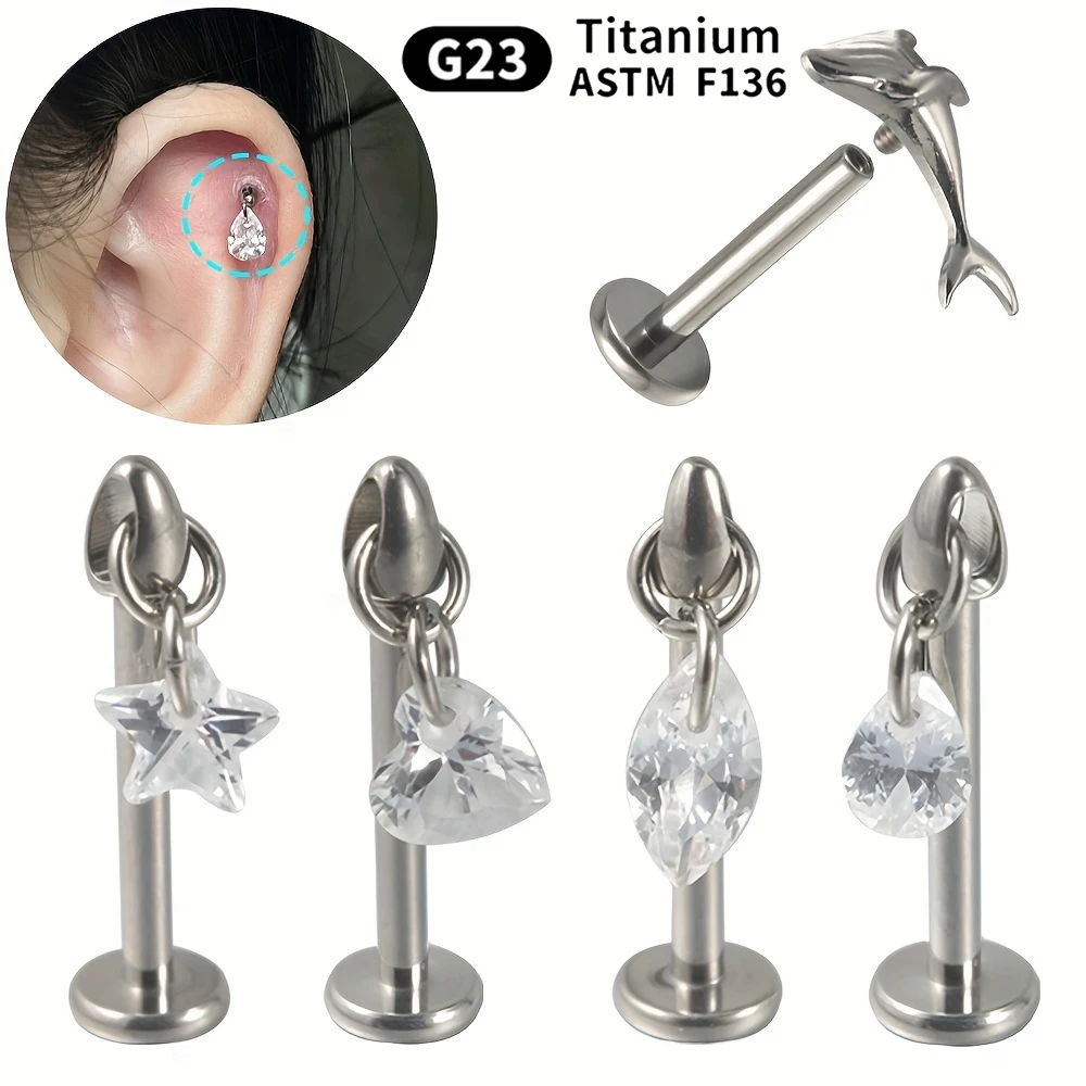 ASTM F136 Titanium 16G Screw on Flatback Stud Hypoallergenic Zircon Dangle Cartilage Earring Body Piercing Jewelry