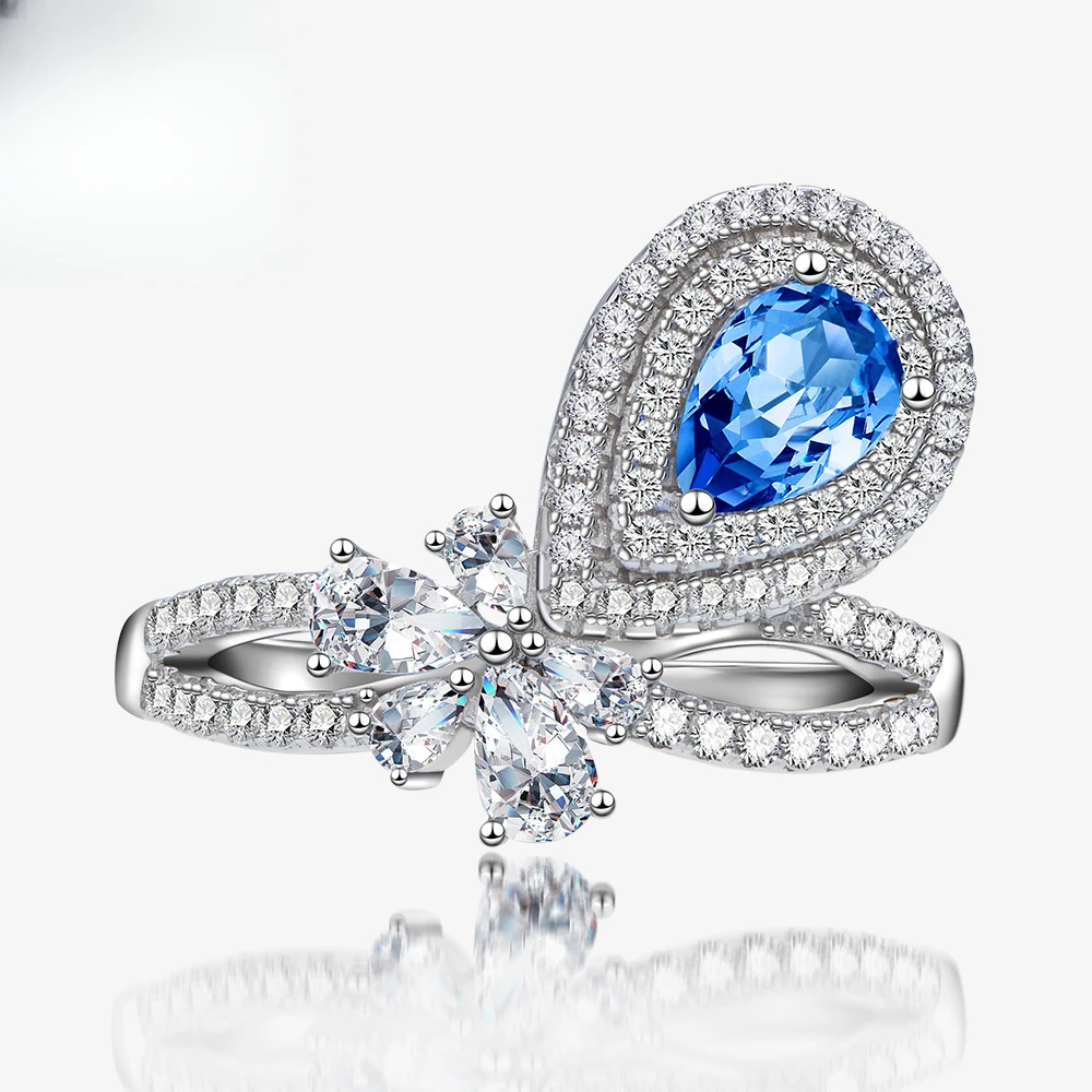 2022 New Product: Simulated Blue Topaz Ring for Women, 5 * 7 Water Drop Shaped Precision Inlaid 925 Pure Silver Jewelry